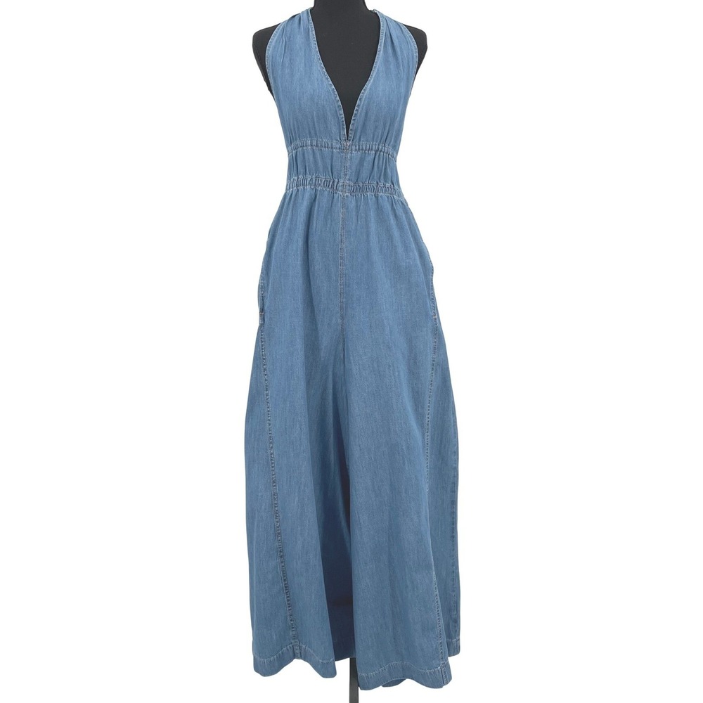 Free People We The Free Cruz Denim Halter Jumpsuit NWOT Wmns L Wide Leg Pockets